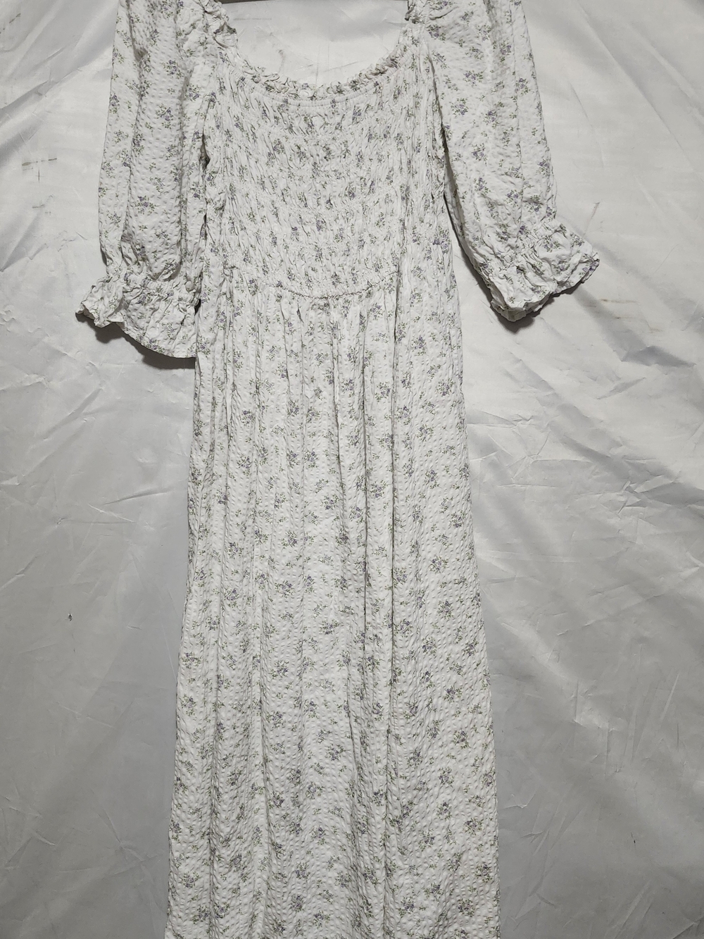 Smocked Puff-Sleeve Maxi Dress - White with Green Floral